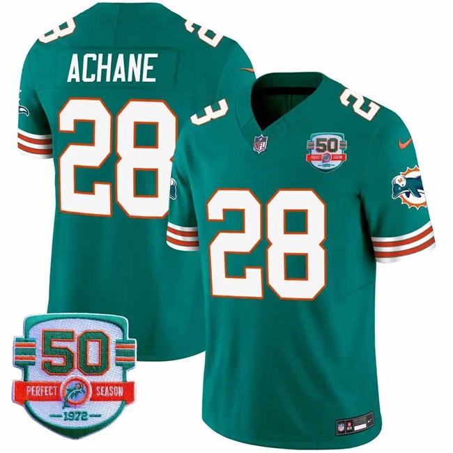 Men's Miami Dolphins #28 De'Von Achane Aqua F.U.S.E With 50th Perfect Season Patch Vapor Limited Stitched Football Jersey